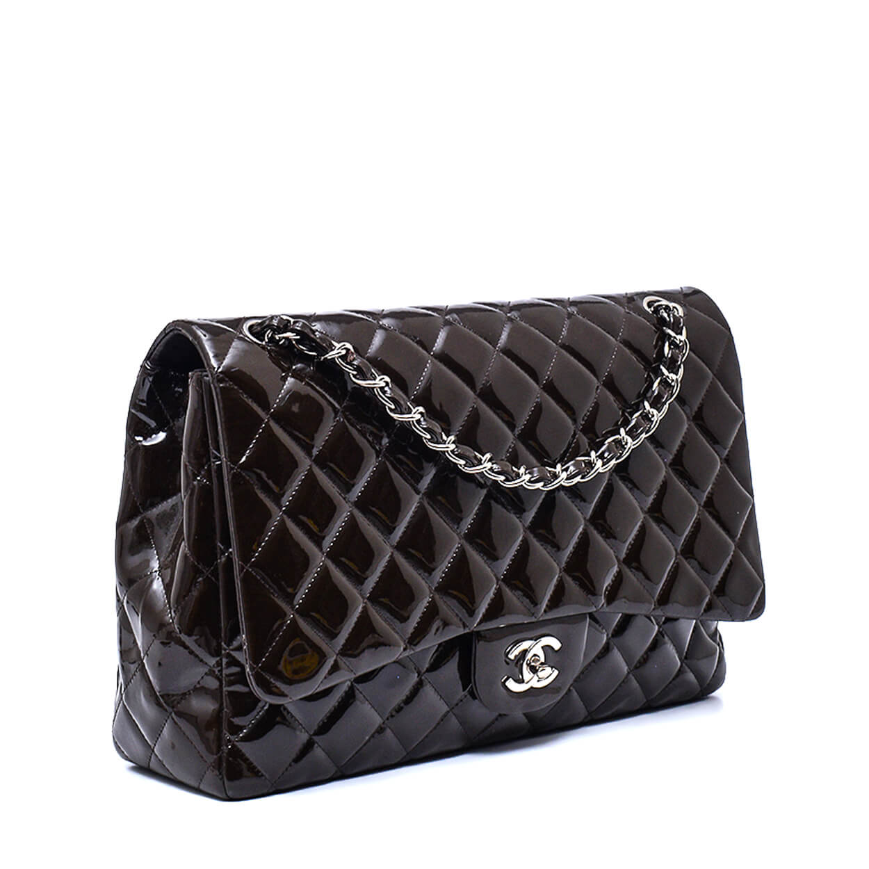 Chanel - Khaki Quilted Patent Leather Maxi Jumbo Single Flap Bag